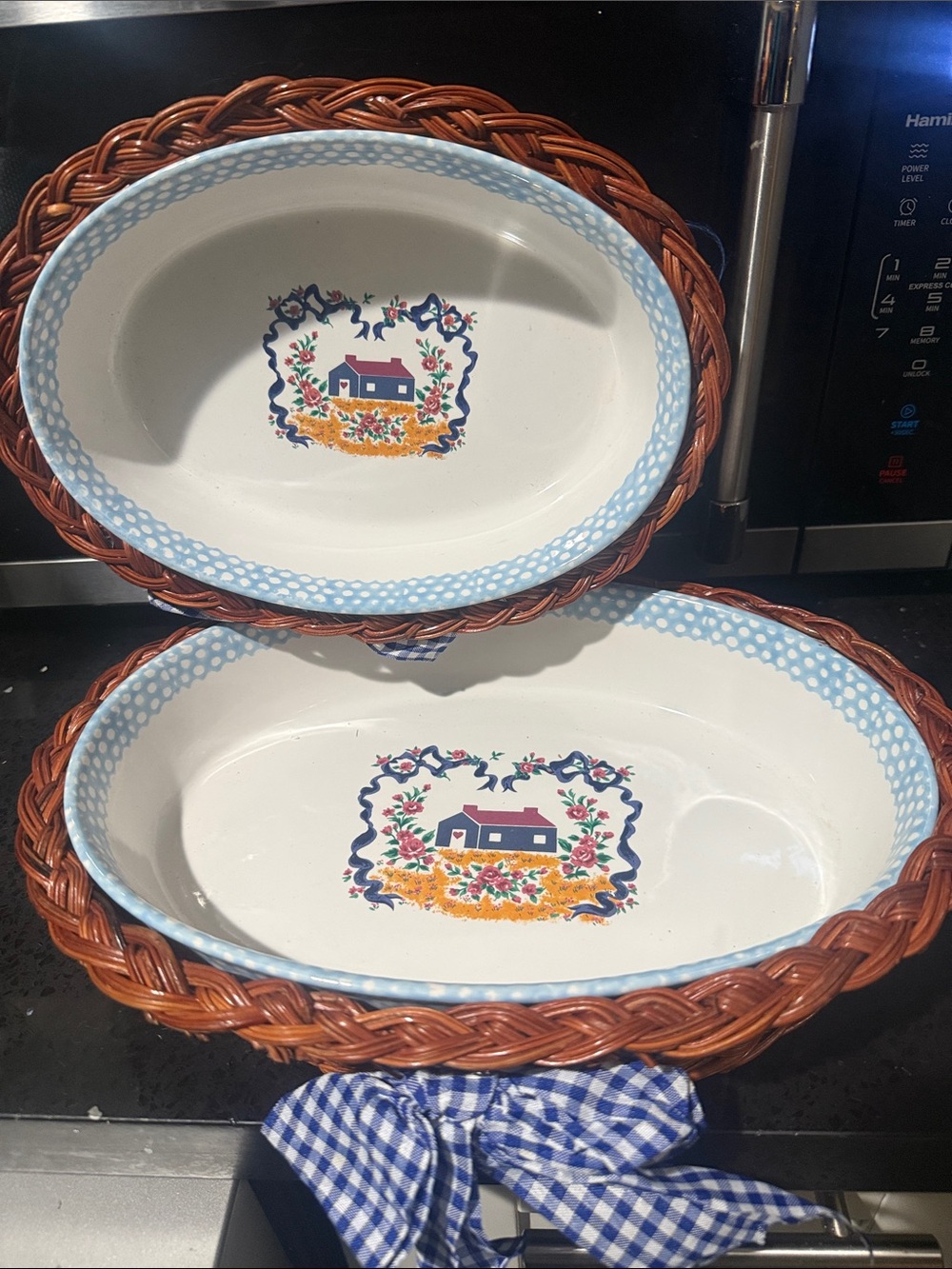 Pearson White Ceramic Serving  Oven Bowls with Blue Trim and Brown Rattan Holder